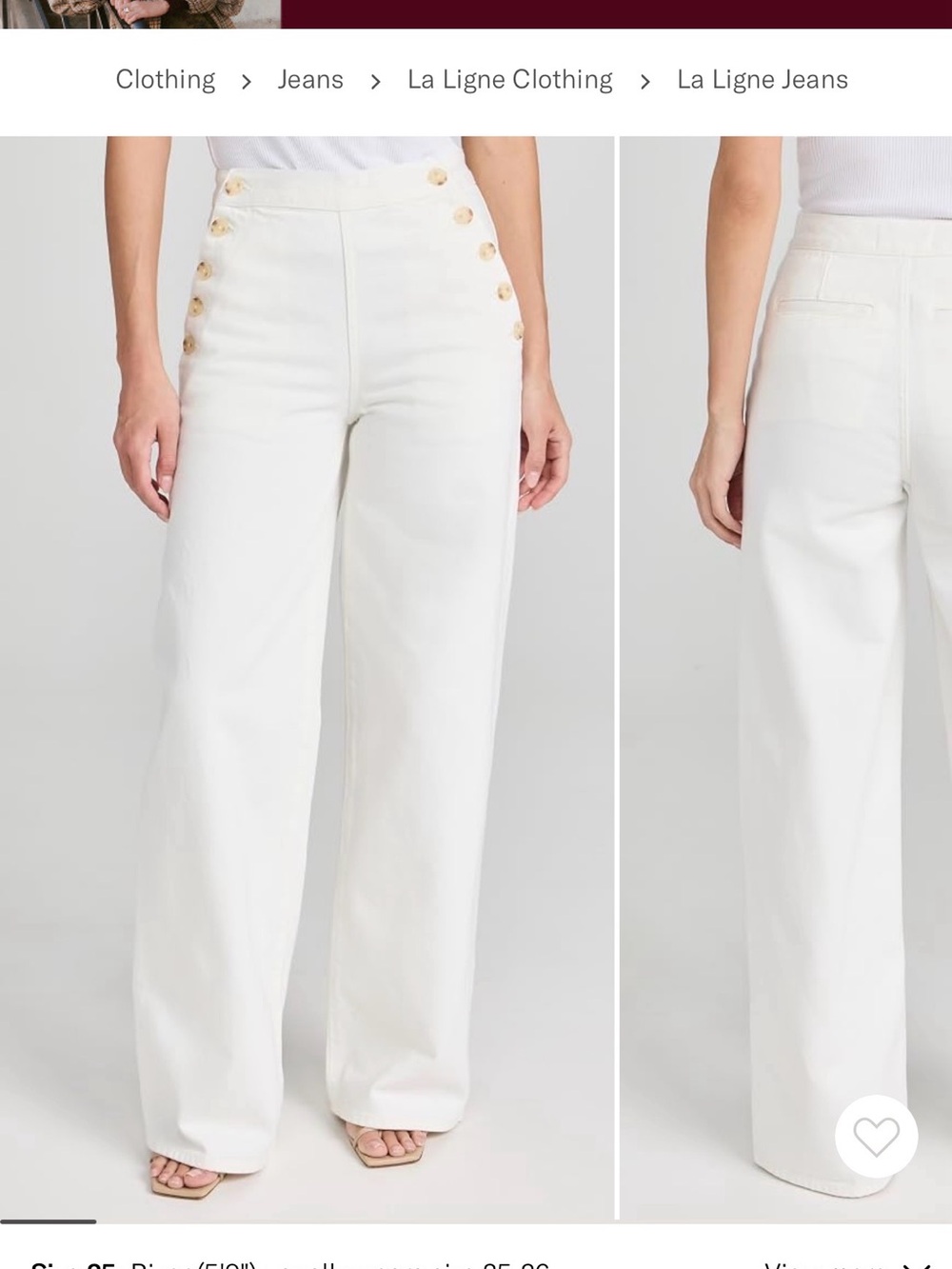La Ligne Women’s Sailor Jean Pants, White, Size 29, no imperfections